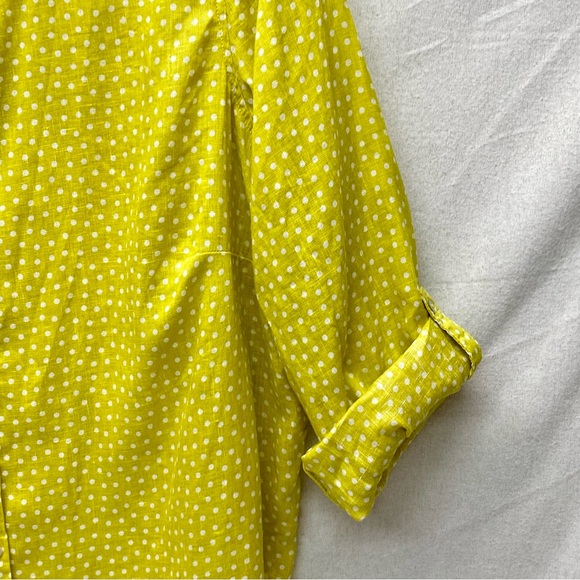 Rachel Zoe Womens 1X Linen Button Down Yellow White Polka Dot Blouse Casual Fun - Picture 9 of 14